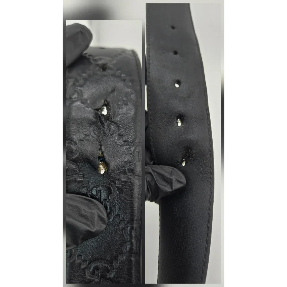 Gucci Signature Leather Belt Black GG Monogram Silver Interlocking G 90-36